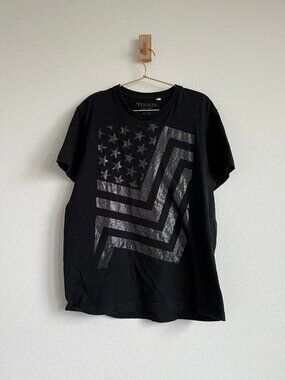Vintage GUESS American Flag T-Shirt - Monochromatic Silver & Black - XL